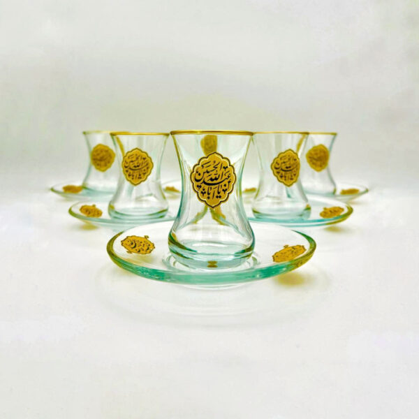 استکان کمر باریک و نعلبکی مدل آلانیا لبه طلایی طرح یا اباعبدالله الحسین بسته 6 عددی